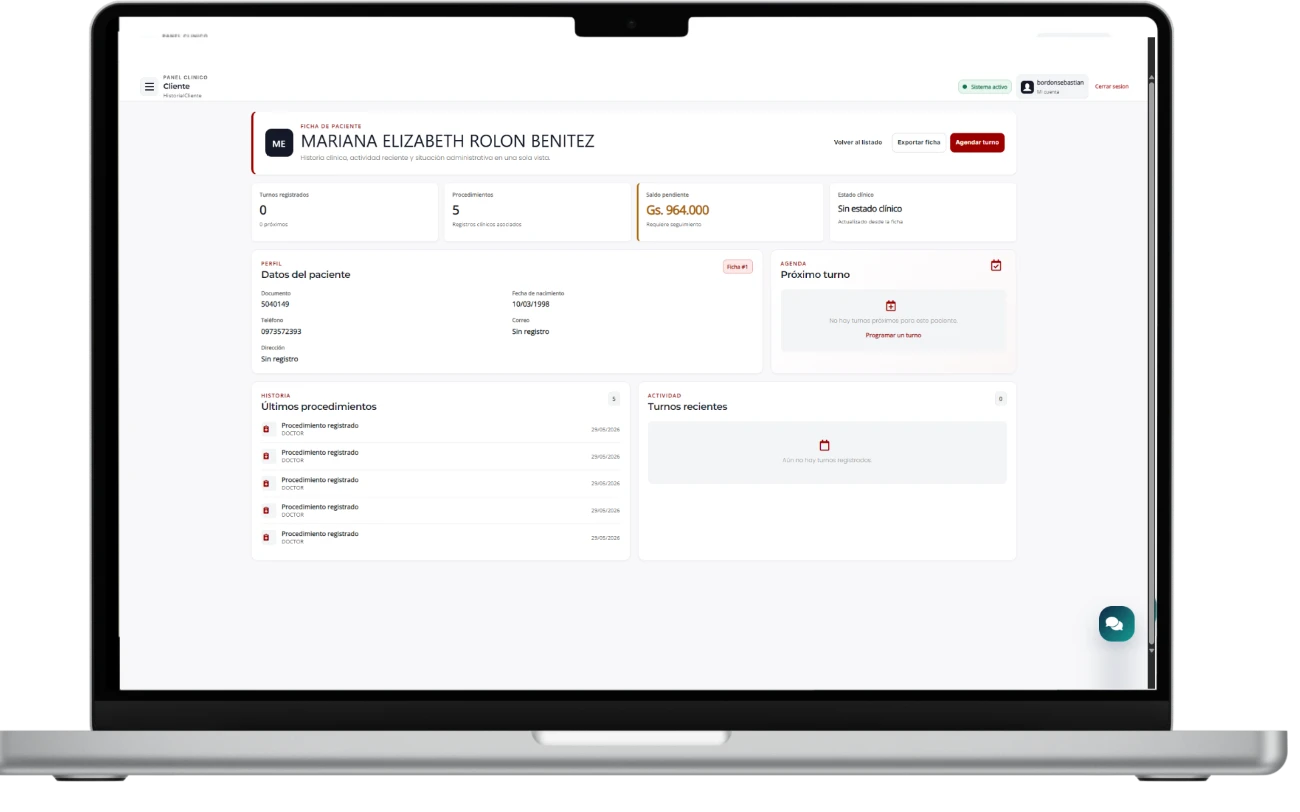 Ficha de paciente del sistema Trinity: datos personales, saldo pendiente, próximo turno y los últimos procedimientos registrados en una sola vista