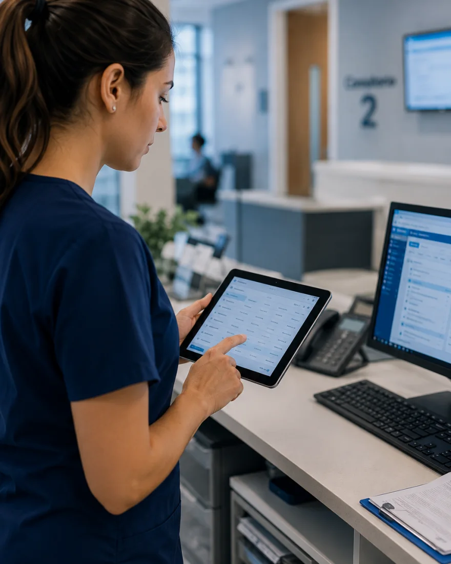 Profesional de una clínica consultando la información de la operación desde una tablet, en el sector de recepción