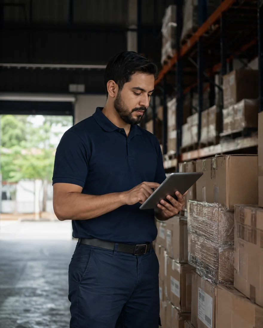 Responsable de depósito revisando el control de mercadería desde una tablet, frente a las estanterías con bultos preparados