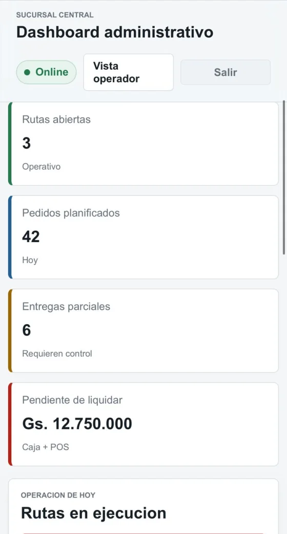 La plataforma Trinity abierta en un celular, mostrando rutas abiertas, pedidos planificados y pendiente de liquidar