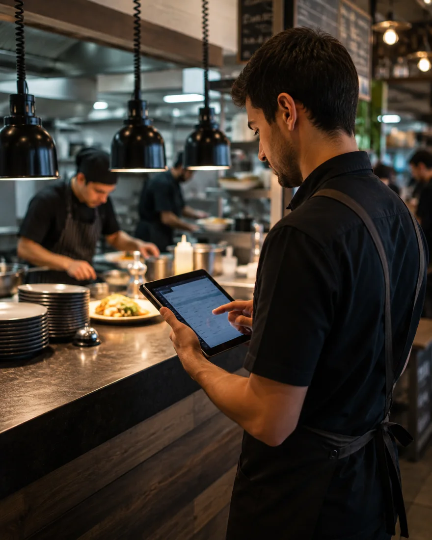 Encargado de un restaurante consultando el sistema desde una tablet junto al pase, con la cocina en operación