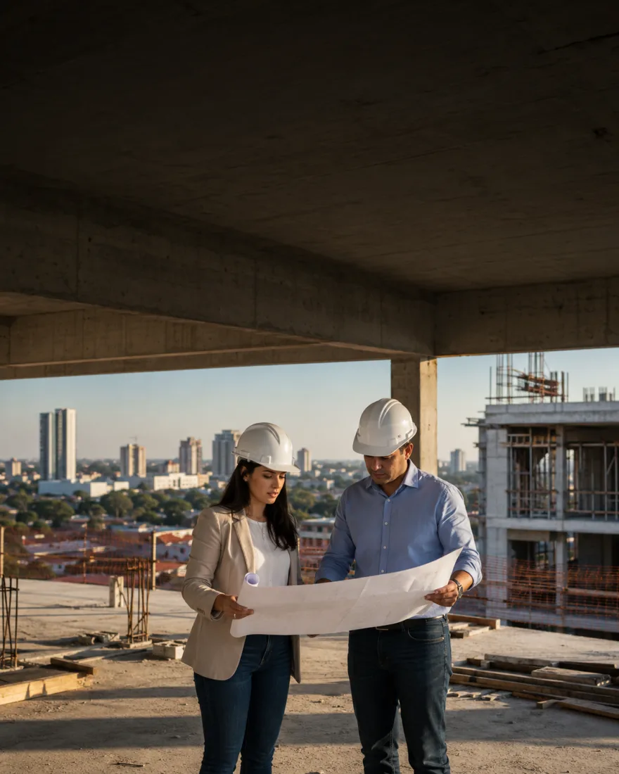 Dos profesionales revisando planos en una planta alta de un desarrollo en construcción, con la ciudad de fondo