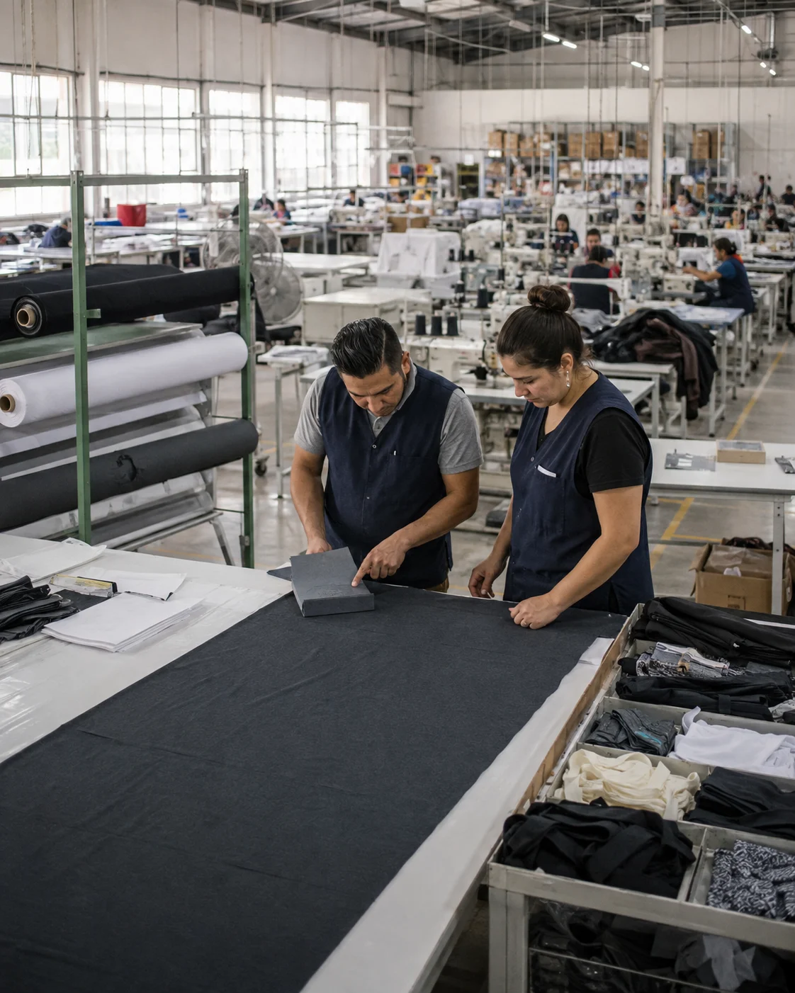Dos responsables de producción revisan una pieza textil dentro de una planta en actividad
