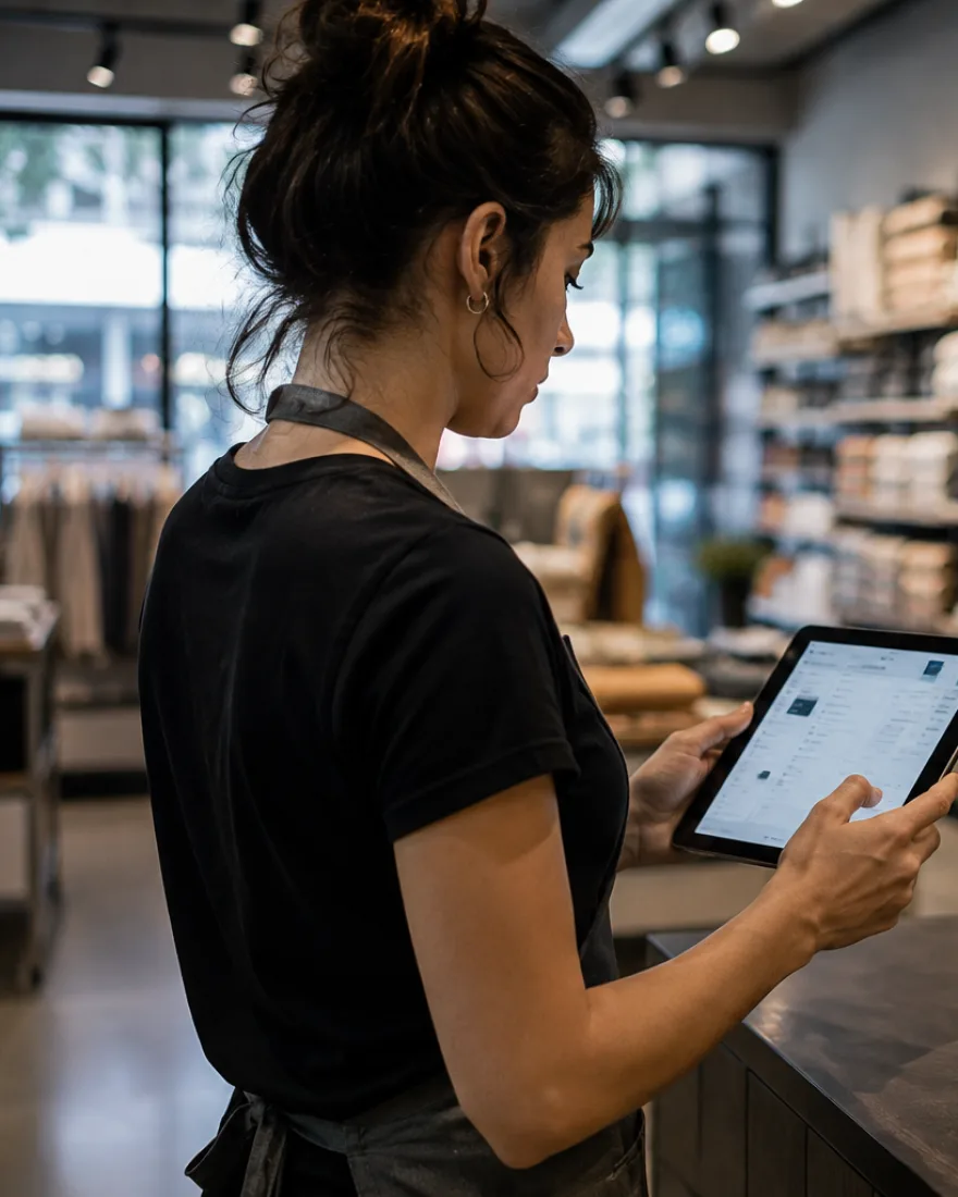 Encargada de tienda revisando el sistema desde una tablet junto al mostrador