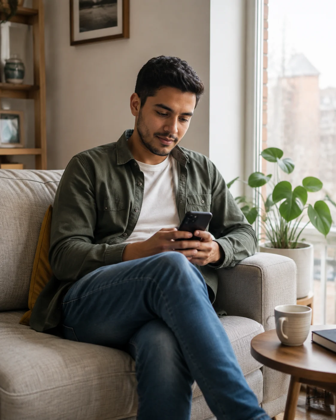 Una persona usando una aplicación móvil desde su celular en un entorno cotidiano