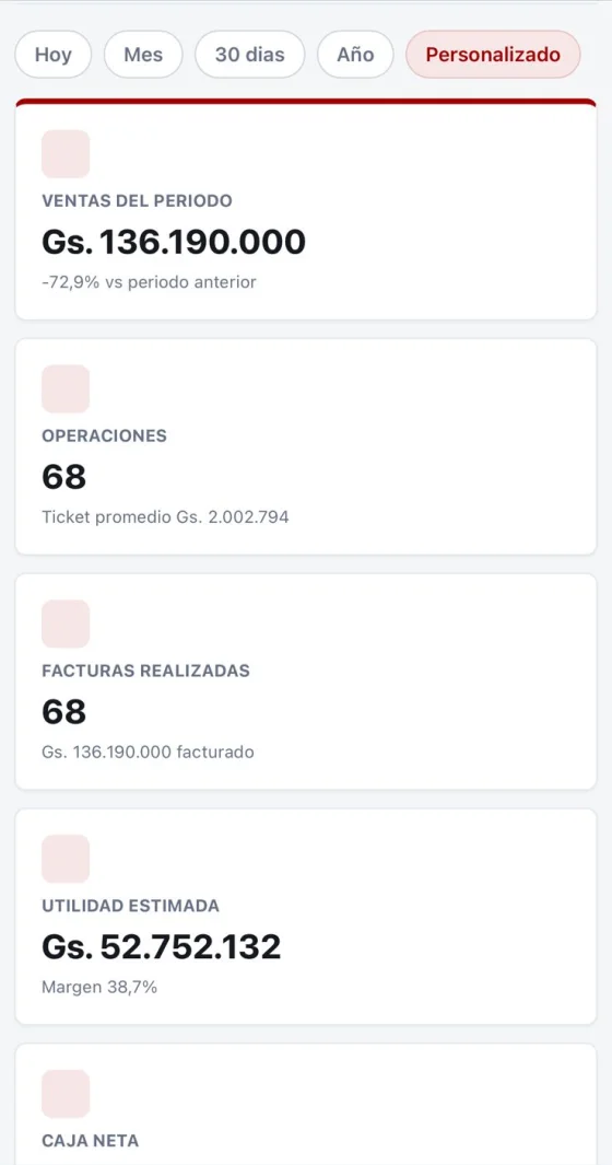 La plataforma Trinity abierta en un celular, mostrando ventas del período, operaciones y facturas realizadas